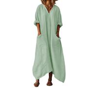 LIUYUYOUGO Kleider Damen Sommer Damen Maxikleid Aus Baumwoll Leinen Mit V Ausschnitt Oversize Schnitt 3/4 Ärmeln Asymmetrischem Saum Kaftan Stil Mit Taschen Ideal Für Strand Und Urlaub Im Boho Sti