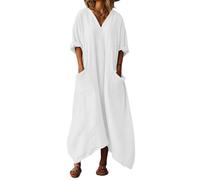 LIUYUYOUGO Kleider Damen Sommer Damen Maxikleid Aus Baumwoll Leinen Mit V Ausschnitt Oversize Schnitt 3/4 Ärmeln Asymmetrischem Saum Kaftan Design Mit Taschen Ideal Für Strand Und Urlaub Im Boho S