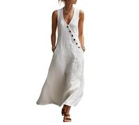 LIUYUYOUGO Kleider Damen Sommer Lässiges Ärmelloses Maxikleid Aus Baumwoll Leinen Mischgewebe Mit V Ausschnitt Knopfleiste Und A Linien Schnitt Fließendem Design Taschen Und Leichten Taschen Wei