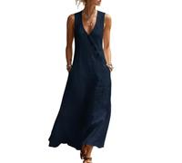 LIUYUYOUGO Kleider Damen Sommer Lässiges Ärmelloses Maxikleid Aus Baumwoll Leinen Mischgewebe Mit V Ausschnitt Knopfleiste Und A Linien Schnitt Fließendem Design Taschen Und Leichten Taschen In M