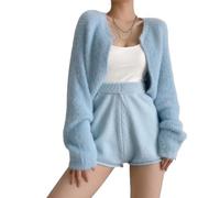 Kurzer Bolero Cardigan Für Damen Flauschige Fleece Strick Cardigans Offene Vorderseite Damen Pullover Mantel Herbst Winter Elegante Weiche Strickwaren Pullover Shrug Cardigan Oberteile Hellblau Ein