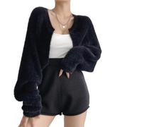 LIUYUYOUGO Kurzer Bolero Cardigan Für Damen Flauschige Fleece Strick Cardigans Vorne Offen Damen Pullover Mantel Herbst Und Winter Elegant Weiche Strickwaren Pullover Shrug Cardigan Tops Schwarz Ei