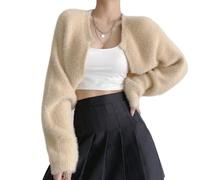 Kurzer Bolero Strickjacke Für Damen Flauschige Fleece Strick Cardigans Vorne Offen Damen Pullover Mantel Herbst Winter Elegant Weiche Strickwaren Pullover Achselzucken Cardigan Oberteile Aprikose E