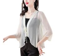 LIUYUYOUGO Leichte Strickjacke Damen Sommer Damen Kimono Cardigan Aus Echter Seide Mit Krawatte Vorne Schal Transparentes Shrug Top Elegant Fließend Rüschen Wasserfall Cardigans 3/4 Ärmel Bluseno