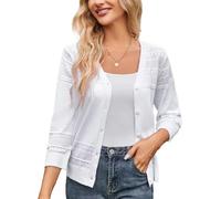 LIUYUYOUGO Leichte Strickjacke Damen Sommer, Kurzer Damen Cardigan Für Den Sommer Elegante Kurzarm Knöpfe Häkel Strick Shrugs Jacke Weiß Hohles Strickshirt Für Das Tägliche Büro Leicht