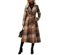 LIUYUYOUGO Mantel Damen Winter Damen Langmantel Aus Wolle Zweireihig Eleganter Business Strickmantel Mit Fallendem Revers Winddicht Braun Kariert Größe L Herbst/Winter