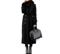 LIUYUYOUGO Mantel Damen Winter Damen Wollmantel Langer Wintermantel Zweireihig Mit Reverskragen Eleganter Schmal Geschnittener Maxi Mantel Mit Gürtel Warm Und Winddicht Schwarz Größe Xs