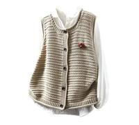 LIUYUYOUGO Pullunder Damen Ärmellos Damen Strickweste Aus 100% Baumwolle Grob Gestrickt Zopfmuster Knopfleiste Vorne Ärmellos Süßes Handgefertigtes Blumenmuster Lockere Strickware Lagenlook Bei