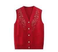 LIUYUYOUGO Pullunder Damen ärmellos Strickjacke für ältere Menschen mittleren Alters und ältere Menschen Weste V Ausschnitt ärmellos Strickweste mit Blumenstickerei Oma Pullover Strickoberteil