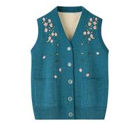 LIUYUYOUGO Pullunder Damen ärmellos Strickjacke für mittleres und älteres Alter Pulloverweste Fleecefutter ärmellose Pullover Strickweste mit Blumenstickerei Oma Pullover dick gestricktes Tankto