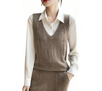 LIUYUYOUGO Pullunder Damen Damen Strickweste Mit V Ausschnitt Trendiger Jacquard Pullover Ärmellos Elegant Einfarbig Grob Gestrickt Braun Größe L