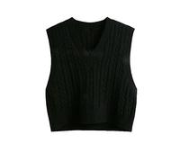 LIUYUYOUGO Pullunder Für Damen,Damen Strickpullover Weste Klassisch Einfarbig Kurz Dick Zopfstrick V-Ausschnitt Herbst Winter Warm Ärmellos Pullover Gilets Stricken Tank Top Cami Bluse,Schwarz