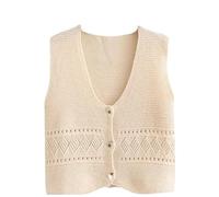 LIUYUYOUGO Pullunder Für Damen,Damen Strickwesten Vintage Distressed Häkeln Raute Hohl V-Ausschnitt Kurz Herbst Winter Lose Ärmellose Knöpfe Strickjacke Pullover Tank Top Cami Weste Bluse,Beige