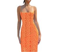 LIUYUYOUGO Sommerkleid Damen,Blumen Sling Kleid Für Damen Elegantes Rückenfreies Kleider Figurbetont Orange Spaghetti Träger Maxi Wickelkleid Schmales Sexy Club Party Gummikleid F
