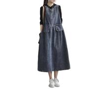 LIUYUYOUGO Sommerkleid Damen,Damen Jeans Latzkleid Elegantes Blau Übergröße Ärmelloses Trägerkleid Sommer Lässig Lockeres Maxi Jeanskleid Vintage Gerafftes Gestuftes Jeanskleid