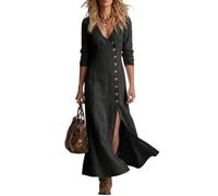 LIUYUYOUGO Sommerkleid Damen Damen Maxikleid Aus Baumwoll Leinen Langärmelig Geknöpft Kaftan Mit Seitenschlitz Elegantem Figurbetontem V Ausschnitt Strandkleid Im Retro Western Stil Schwarz XL