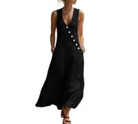 LIUYUYOUGO Sommerkleid Damen Lässiges Ärmelloses Maxikleid Aus Baumwoll Leinen Mischgewebe Mit V Ausschnitt Knopfleiste Und A Linien Schnitt Fließendem Design Taschen Und Leichten Taschen Schwarz