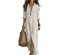 LIUYUYOUGO Sommerkleider Damen Damen Hemdkleid Aus Baumwoll Leinen Mischgewebe In Übergröße 3/4 Ärmel Maxikleid Lässiges Lockeres Langes Blusenkleid Mit Schlitz Sommerkleid Für Strandurlaub Ka
