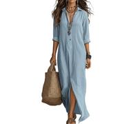 LIUYUYOUGO Sommerkleider Damen Damen Hemdkleid Aus Baumwoll Leinen Mischgewebe Mit Knopfleiste Übergröße 3/4 Ärmel Maxikleid Lässiges Lockeres Langes Blusenkleid Mit Schlitz Sommerkleid Für St