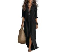 LIUYUYOUGO Sommerkleider Damen Damen Hemdkleid Aus Baumwoll Leinen Mischgewebe Übergröße 3/4 Ärmel Maxikleid Lässig Locker Lange Bluse Mit Schlitz Sommerkleid Für Strandurlaub Kaftan Schwarz G