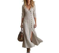 LIUYUYOUGO Sommerkleider Damen Damen Maxikleid Aus Baumwoll Leinen Langärmelig Geknöpft Kaftan Mit Seitenschlitz Elegantem Figurbetontem V Ausschnitt Strandkleid Im Retro Western Stil Farbe: Apric