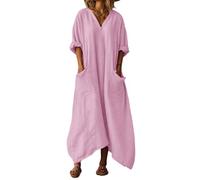 LIUYUYOUGO Sommerkleider Damen Damen Maxikleid Aus Baumwoll Leinen Mit V Ausschnitt Oversize Schnitt 3/4 Ärmeln Asymmetrischem Saum Kaftan Stil Taschen Boho Look Rosa XL