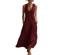 LIUYUYOUGO Sommerkleider Damen Lässiges Ärmelloses Maxikleid Aus Baumwoll Leinen Mischgewebe Mit V Ausschnitt Knopfleiste Und A Linien Schnitt Fließendem Design Taschen Und Leichter Farbe Burgund