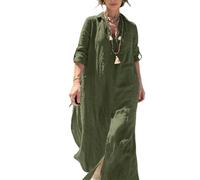LIUYUYOUGO Sommerkleider Damen Leinen Maxikleid In Übergröße Für Damen Hochgekrempelte Ärmel Knopfleiste Reverskragen Einfarbig Locker Geschnitten Oversize Schnitt Sommer Strandkleid Kaftan Arm