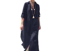 LIUYUYOUGO Sommerkleider Damen Leinen Maxikleid In Übergröße Für Damen Hochgekrempelte Ärmel Knopfleiste Reverskragen Einfarbig Locker Geschnitten Oversize Schnitt Sommer Strandkleid Kaftan Mar