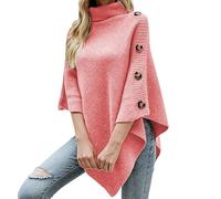 LIUYUYOUGO Stola Damen Festlich,Damen Poncho Hoher Kragen Schals Mit Knöpfen Einfarbig Eleganter Strick Cape Wraps Pullover Herbst Winter Strickpullover Damen Poncho Top Warmer Strickmantel Rosa