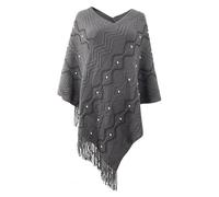 LIUYUYOUGO Stola Damen Festlich,Ponchos Für Damen Schals Wickel Geriffelter Jacquard Häkelponcho Mantel Perlen Eleganter Strickumhang Mit Fransen Weicher Strickpullover Für Herbst Und Winter Stri