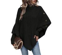 LIUYUYOUGO Stola Damen Festlich Strickponcho Pullover Für Damen Mit Zopfmuster Gefaltetem Rollkragen Knopfpullover Lockerer Schalpullover Mit Fledermausärmeln Herbst Warme Strickmode Cape Tops Sch
