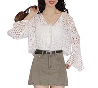 LIUYUYOUGO Strickjacke Damen Häkel Cardigans Für Damen Ausgehöhlt Gestrickter Bolero Shrug Strickjacke Zum Binden Vorne Ausgestellte Ärmel Vintage Boho Blumenmuster Strick Bolero Oberteile Leich