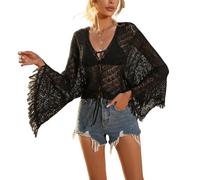 LIUYUYOUGO Strickjacke Damen Häkel Cardigans Für Damen Vorne Binden Quasten Fransen Glockenärmel Shrug Bolero Oberteil Sexy Hohler Rhombischer Schal Sommer Strand Bikini Überzug Boho Hippie Klei