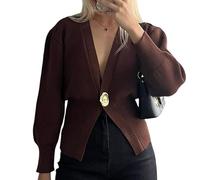 LIUYUYOUGO Strickjacke Strickjacken Damen Cardigan Mit V Ausschnitt Und Knopfleiste Vorne Offen Gerippter Feinstrick Cardigan Bolero Oberteil Modische Goldene Knopfoberteile Elegante Winter Strickja