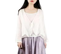 LIUYUYOUGO Strickjacke Strickjacken, Sommer Cardigans Für Damen Vorne Offen Zum Binden Leinen Bolero Cardigans Transparente Capes Vintage Spleißen Langärmelige Blusenoberteile Leichte Jacke Stran