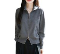 LIUYUYOUGO Strickjacken Für Damen Damen Strickjacke Aus Wolle Mit Reißverschluss Herbst/Winter Warm Langärmelig Elegant Mit Doppeltem Reißverschluss Und Stehkragen 100% Merinowolle Grau Größe M