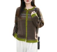 LIUYUYOUGO Strickjacken Für Damen Damen Strickjacke Mit Rundhalsausschnitt Aus 100% Merinowolle Langärmelig Fair Isle Muster Nordisch Aztekisch Jacquard Strickware Herbst Dick Warm Geknöpft Kaff