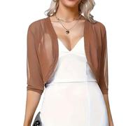 LIUYUYOUGO Strickjacken Für Damen Elegante Transparente Bolero Strickjacke Mit 3/4 Ärmeln Dehnbar Leicht Transparent Kurz Geschnitten Ideal Als Überwurf Für Abendkleider Und Brautkleider Braun G