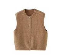 LIUYUYOUGO Strickweste Damen Ärmellos Strickwesten Für Damen Rundhalsausschnitt Button Down Cardigan Ärmellos Kurze Tanktops Gilet Einfarbig Lockere Strickweste Damen Strickoberbekleidung Braun S