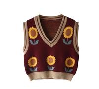 LIUYUYOUGO Sweater Pullunder,Damen Strickpullover Weste Vintage Kurze Sonnenblume Jacquard Spleißen V-Ausschnitt Herbst Winter Lose Ärmellose Pullover Gilets Pullover Stricken Tank Top Cami Weste