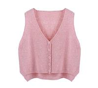 LIUYUYOUGO Sweater Pullunder,Frauen Strickwesten Mode Casual Lose Einfarbig V-Ausschnitt Herbst Winter Ärmellose Knopf Strickjacke Pullover Tank Top Damen Cami Weste Bluse,Rosa