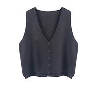 LIUYUYOUGO Sweater Vest,Damen Strickwesten Mode Casual Lose Einfarbig V-Ausschnitt Herbst Winter Ärmellose Knopf Strickjacke Pullover Tank Top Damen Cami Weste Bluse,Dunkelgrau