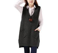LIUYUYOUGO Sweater Vest Lange Pulloverweste Für Damen Ärmelloses Pulloverkleid Lockerer V Ausschnitt Gestrickte Tanktops Lässige Lockere Pulloverweste Tops Mittellange Strickweste Mit Taschen Dun