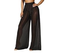 LIUYUYOUGO Wide Leg Hose Damen, Damenhose Mit Weitem Bein Sexy Durchsichtiges Mesh Elastisch Hohe Taille Palazzo-Hose Bikini-Unterteil Strand-Cover-Up-Hose Solide Leichte Luftige Sommerhose Schwarz
