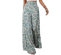 LIUYUYOUGO Wide Leg Hose Damen, Weite Hose Mit Aufdruck Für Damen Sommer Culotte Eleganter Blätterdruck Palazzo Hose Elastische Taille Fließende Schlaghose Boho Baggy Hose Strandhose Teal M