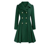 LIUYUYOUGO Wintermantel Damen Damen Wollmantel Lang Herbst/Winter Zweireihig Elegant Ausgestellt A-Linie Plissiert Mittellanger Wollmantel Business Mantel Formell Grün Größe S