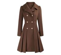 LIUYUYOUGO Wintermantel Damen Langer Damen Wollmantel Winterwarm Reverskragen Zweireihig A-Linie Vintage Wollmischung Swing Kleidermantel Eleganter Midi Mantel Schokoladenbraun Größe M