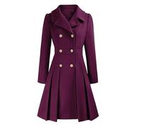LIUYUYOUGO Wollmantel Damen Winter Damen Wollmantel Lang Herbst/Winter Zweireihig Elegant Ausgestellt A-Linie Plissiert Mittellang Business Mantel Formell Lila Größe L
