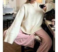 Live To Mo Damen Strickpullover im französischen Stil mit Rundhalsausschnitt, locker geschnitten, mit Drop-Shoulder, kurzer Strickoberteil für Herbst,